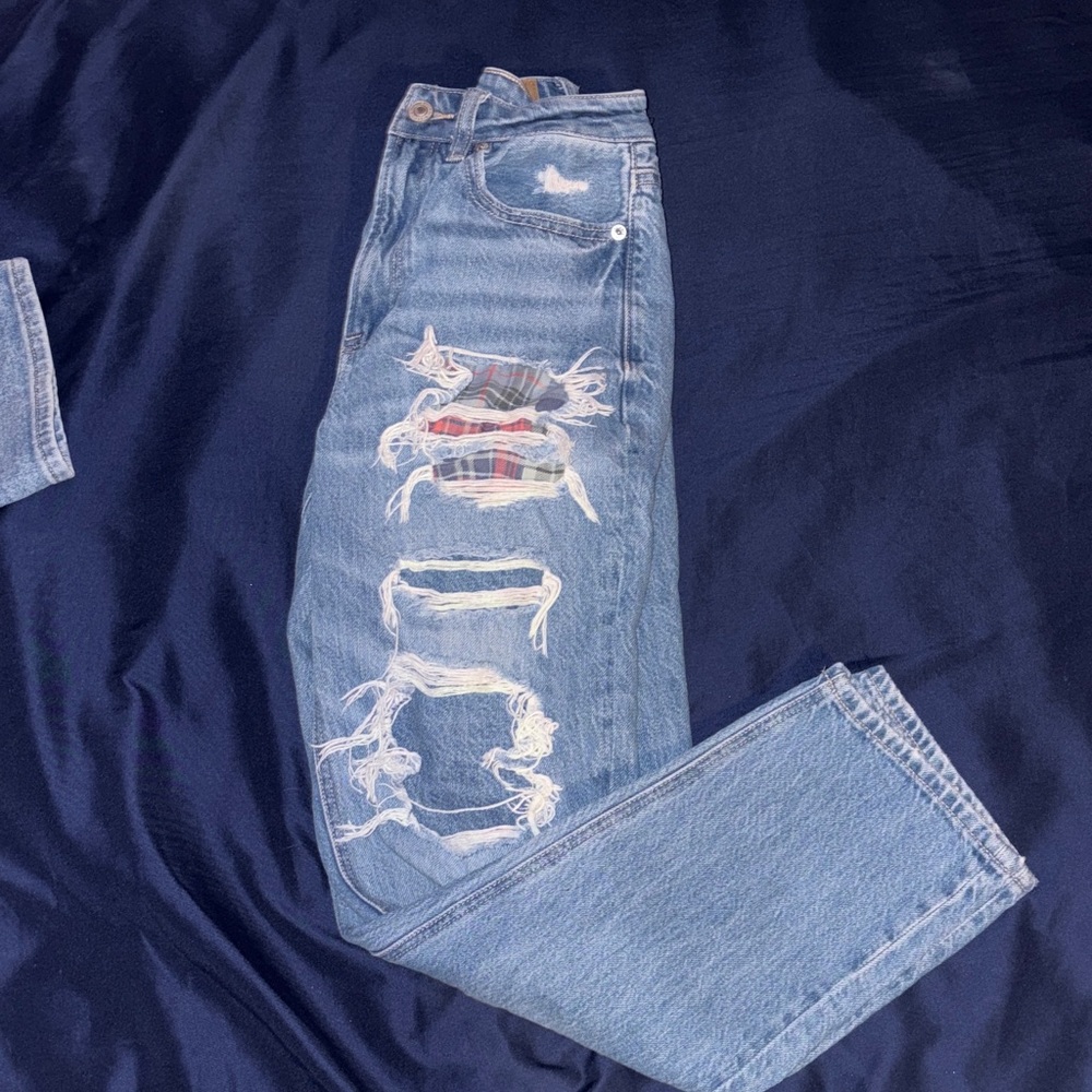American Eagle Outfitters Light Blue Distressed Jeans with Plaid Patch